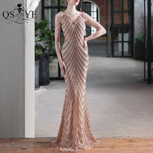Evening wear Dresses: Golden Prom Dresses V Neck Mermaid Long Evening Dress