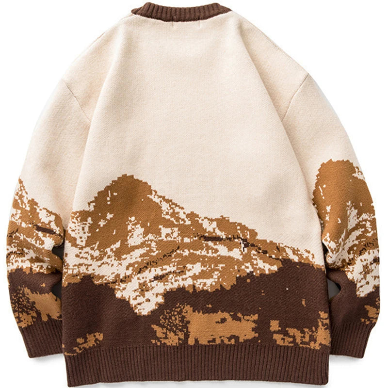 Men Hip Hop Streetwear Harajuku Sweater Vintage Japanese Style Snow Mountain Knitted