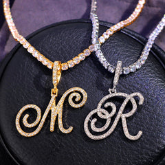 Cursive Letters Cubic Zirconia Chain Intial Name Necklace Hip Hop Jewelry Gold