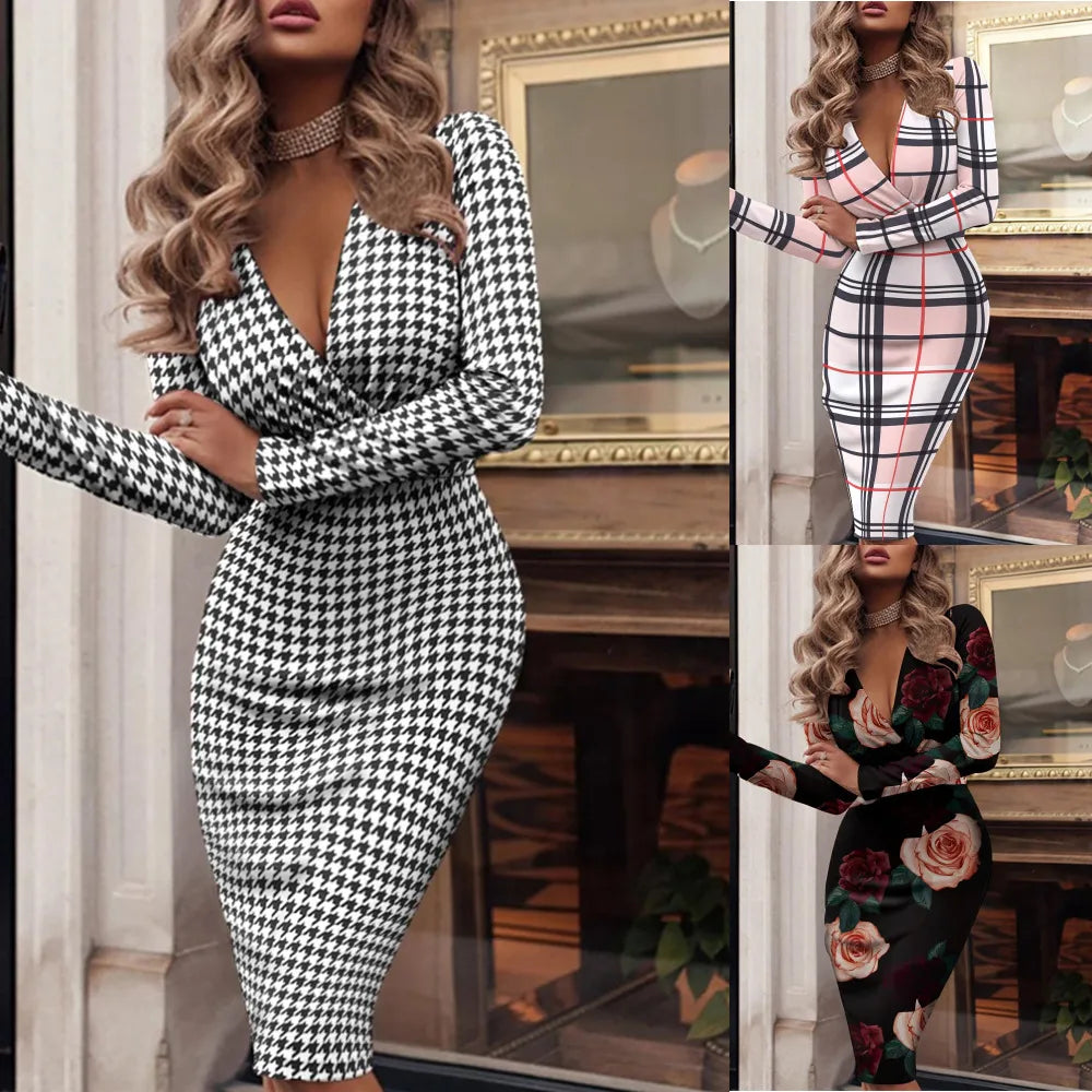 Long Sleeve V-Neck Houndstooth Print Dress Women Plus Size Vestido Midi Bodycon Dresses