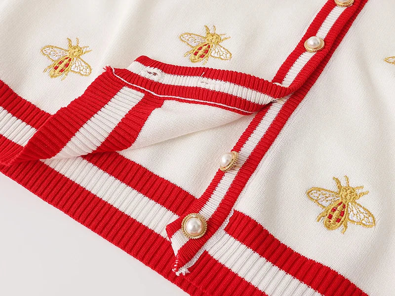 Fashion Designer Bee Embroidery Cardigan Long Sleeve Single Breasted