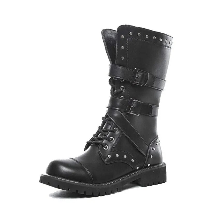 High Top Desert Tactical Military Boots Mens Leather Motorcycle Boots Army Combat Boots Fashion Male Gothic Belt Punk Boots