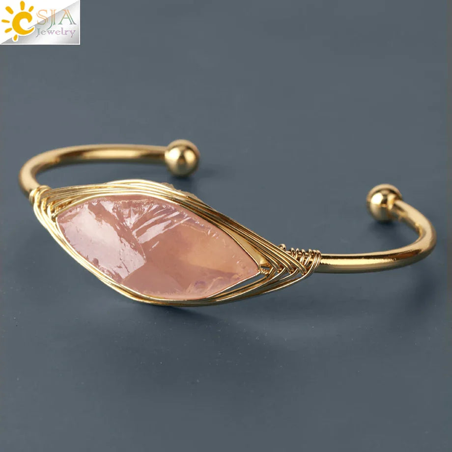 CSJA Gem Stone Open Cuffs Bracelets Crystals Natural Stones Bangles Gold Color Wire Wrap Bracelet for Friend Bijoux Femme G866