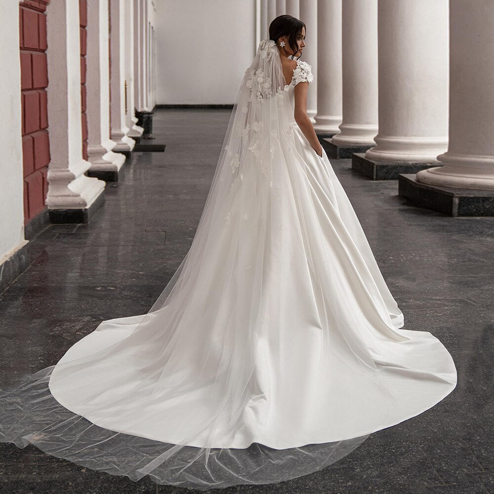 Wedding Dress Cap Sleeve Scoop Neck Flowers Court Train A Line Bridal Gown