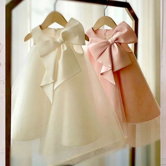 Flower Girl Dress Kids Birthday Baptism Dresses For Children Elegant Big Bow Frocks Girls