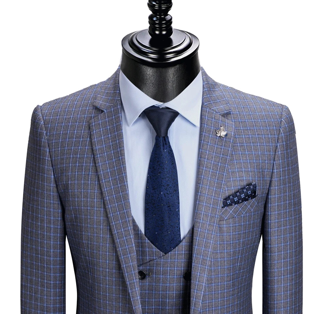 Tuxedo for Mens: Men Suit Style Blazer Vest 3Piece Blue Grey Slim Fit Fashion Suit