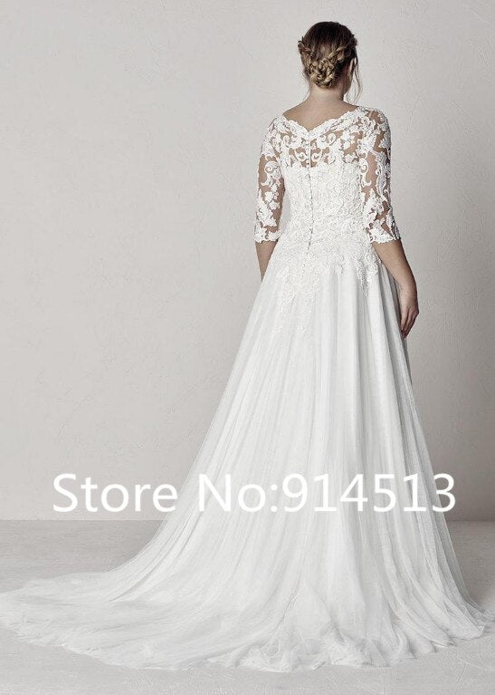 A-line Plus Size Wedding Dress With Sleeve Lace Appliques Backless