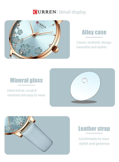 CURREN Watches Women Brand Leather Quartz Wristwatches Luxury Design Clock for Ladies Charm Flowers Dial with box