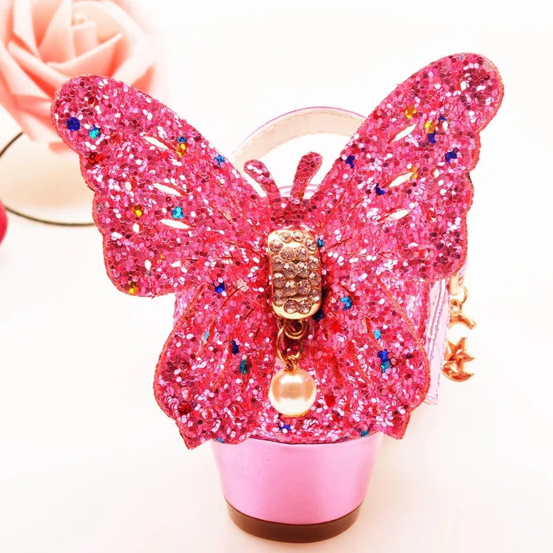 Girls Sandals Rhinestone Butterfly pink Latin dance shoes 5-13 years old 6 children 7 summer high Heel Princess shoes kids shoes