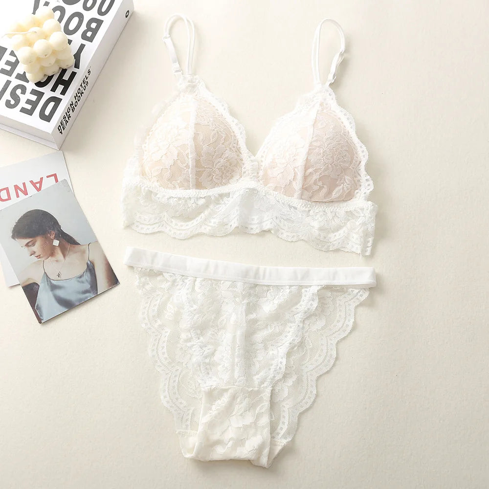 Women Lace Bra And Panties Sets 3/4 Cup Underwear Ultrathin Bralette Female