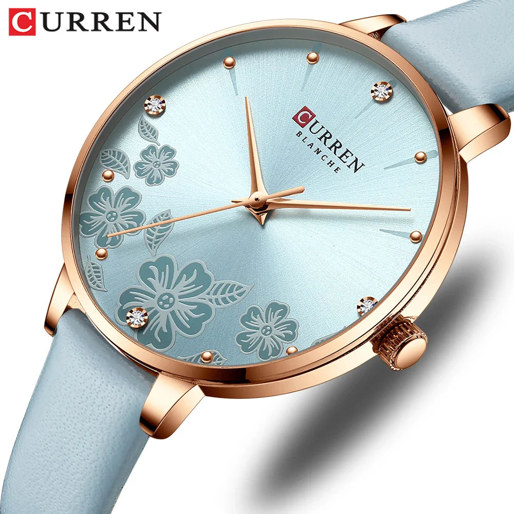 CURREN Watches Women Brand Leather Quartz Wristwatches Luxury Design Clock for Ladies Charm Flowers Dial with box