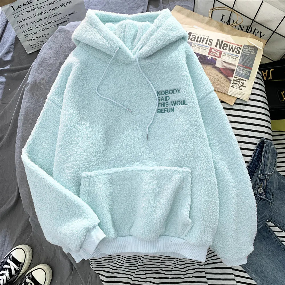Thick Warm Coat Velvet Cashmere Women Hoody Sweatshirt Solid Blue Pullover