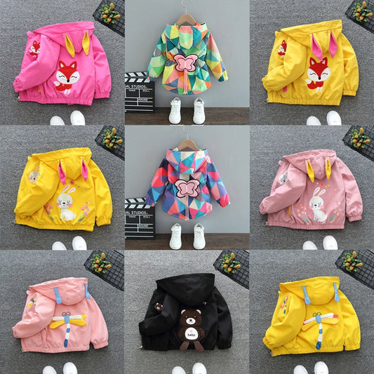 1 2 3 4 5 6 Years Baby Girls Jacket Cute Cartoon Animals Spring Autumn Boy Windbreaker Coat Hooded Zipper Outerwear Kids Clothes
