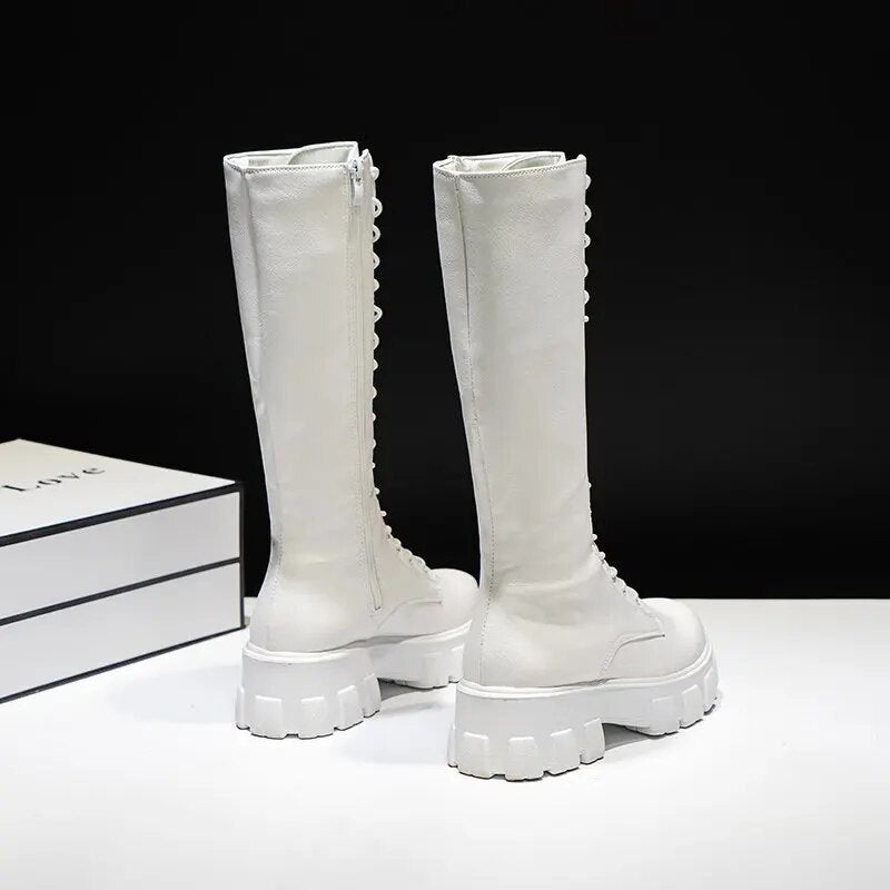 LazySeal Winter Long Boot Shoes Women White Lace Up Zip Height Increasing