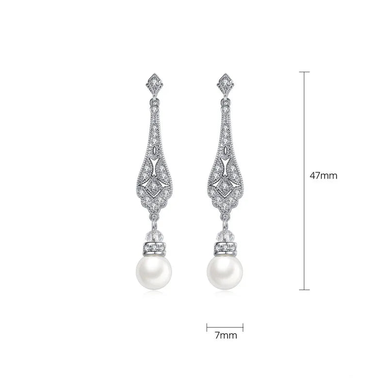SLBRIDAL Pave Setting Fashion CZ Crystal Pearl Women Girls Earring AAA Grade Cubic Zircon Earring Bridal Wedding Dangle Earring