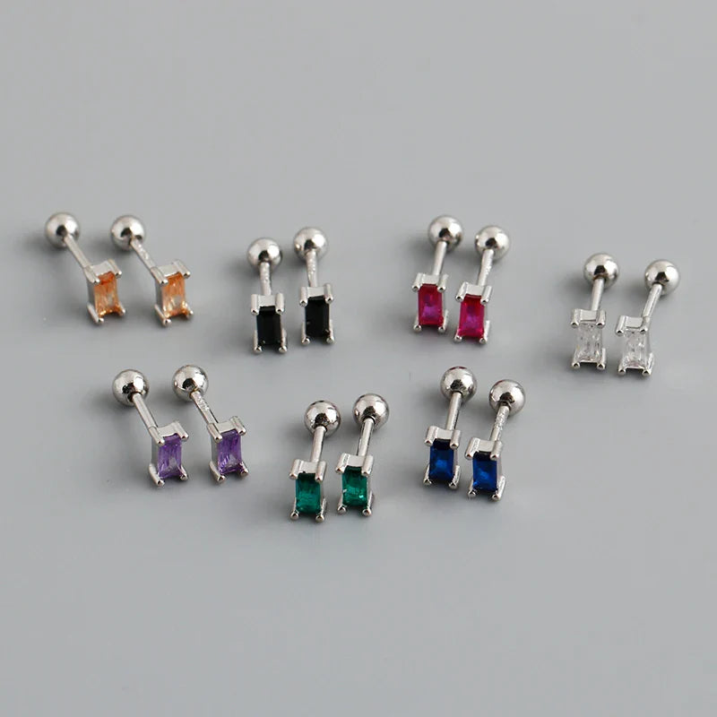 WANTME 925 Sterling Silver Colorful Square Shiny Zircon Beads Piercing Stud Earrings for Women Fashion Gothic Exquisite Jewelry