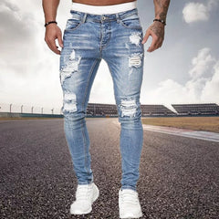 Mens Ripped Skinny Jeans Blue Slim Fit Hole Pencil Pants Biker Casual Trousers