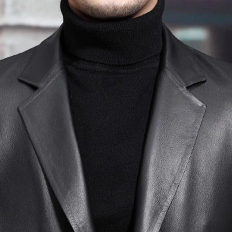 Long Black Mens Leather Blazer Jacket Long Sleeve Lapel Plus Size Faux Leather Coat