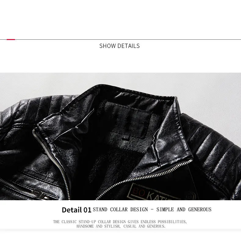 Leather Jacket Men Winter Fleece Motorcycle PU Leather Jacket Mens Stand Collar