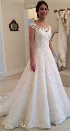 Wedding Dresses Sheer Back Cap Sleeves Vintage Lace Bride Gown