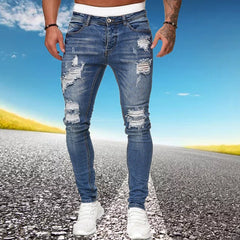 Mens Ripped Skinny Jeans Blue Slim Fit Hole Pencil Pants Biker Casual Trousers