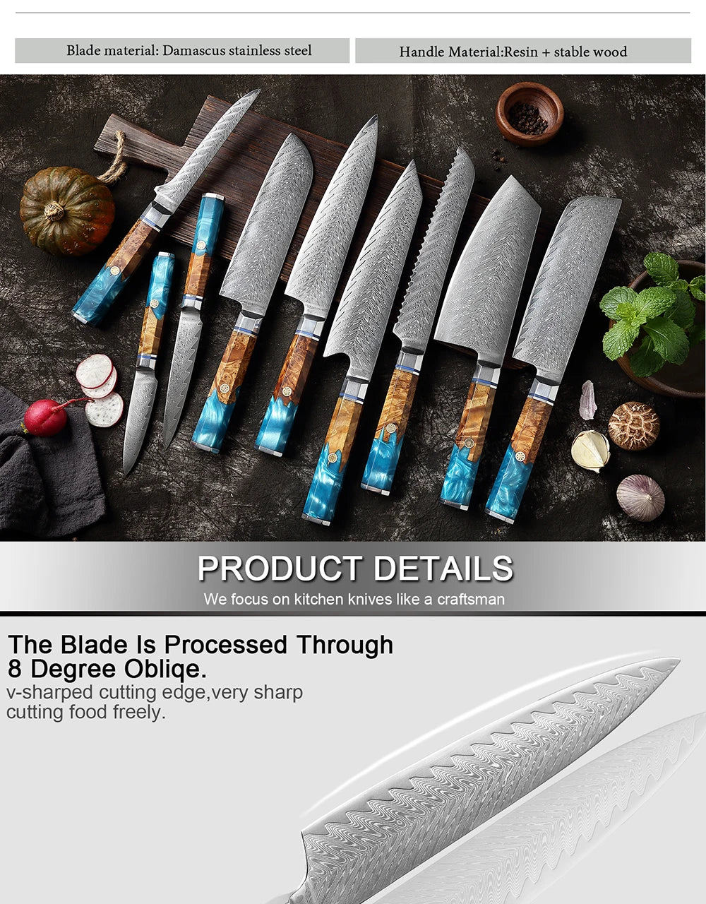 Damascus Knife Set 1-9 PCS Japanese Kitchen Knife Set VG10 Steel Core