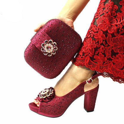 Italian Women Shoes Matching Bag Set Decorate with Rhinestone Pumps