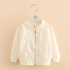 Long Sleeve Sunscreen White Flower Hollow Out Kids Baby Girl Baseball Jacket