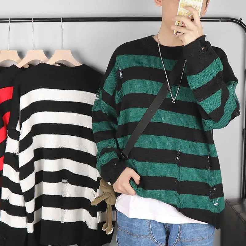 Black Stripe Sweaters Destroyed Ripped Sweater Men Pullover Hole Knit Jumpers Men