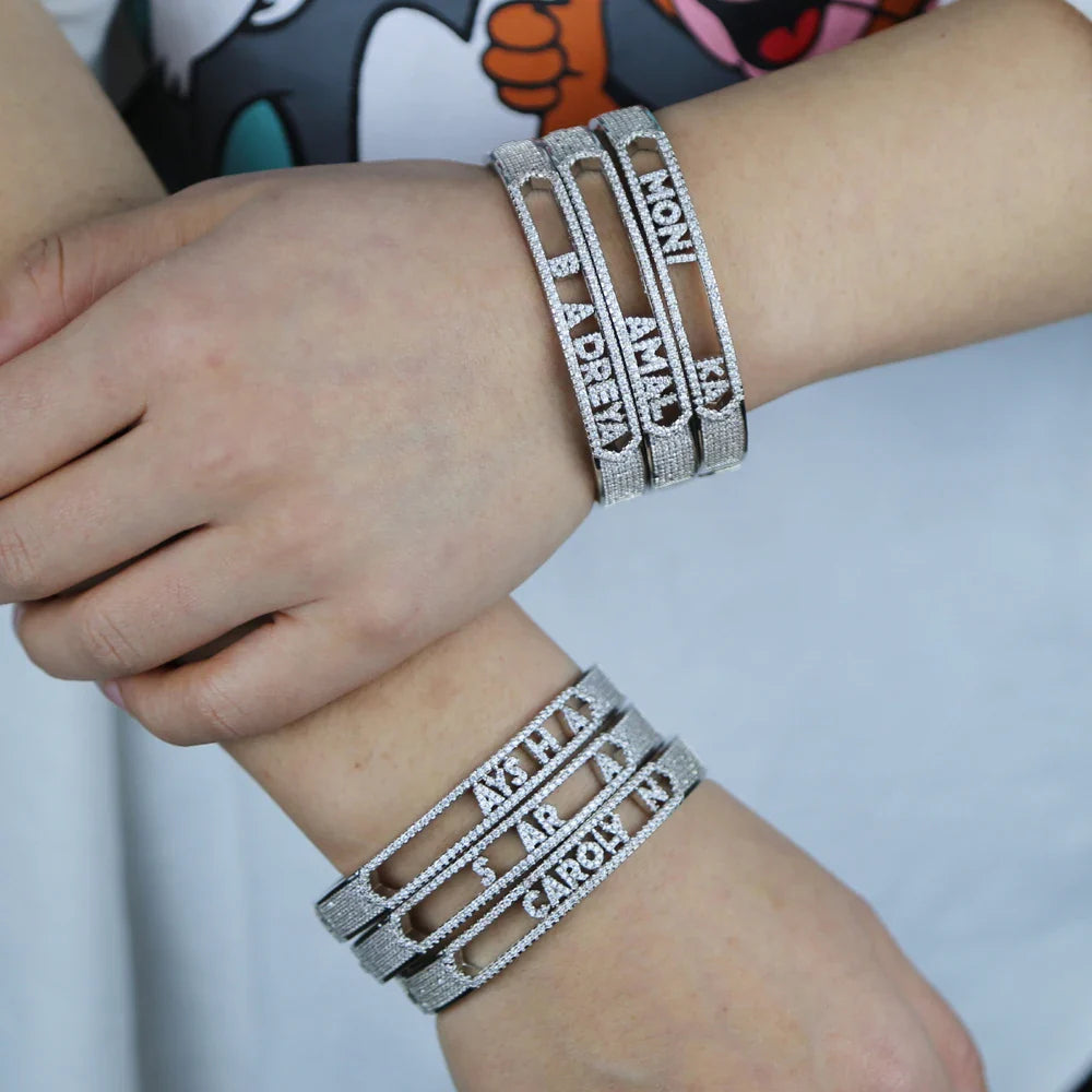 DIY Name Jewelry Silver Color Micro Pave 5A CZ Sparking Bling 26 Initial Alphabet Letter Slider Charm Bangle Bracelet