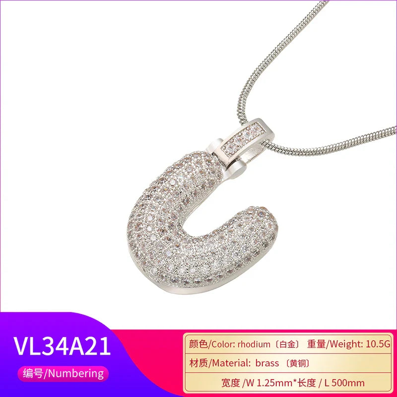 ZHUKOU 1.25x500mm Fat and lovely crystal brass silver color  letter necklace for women friends birthday gift model: VL34