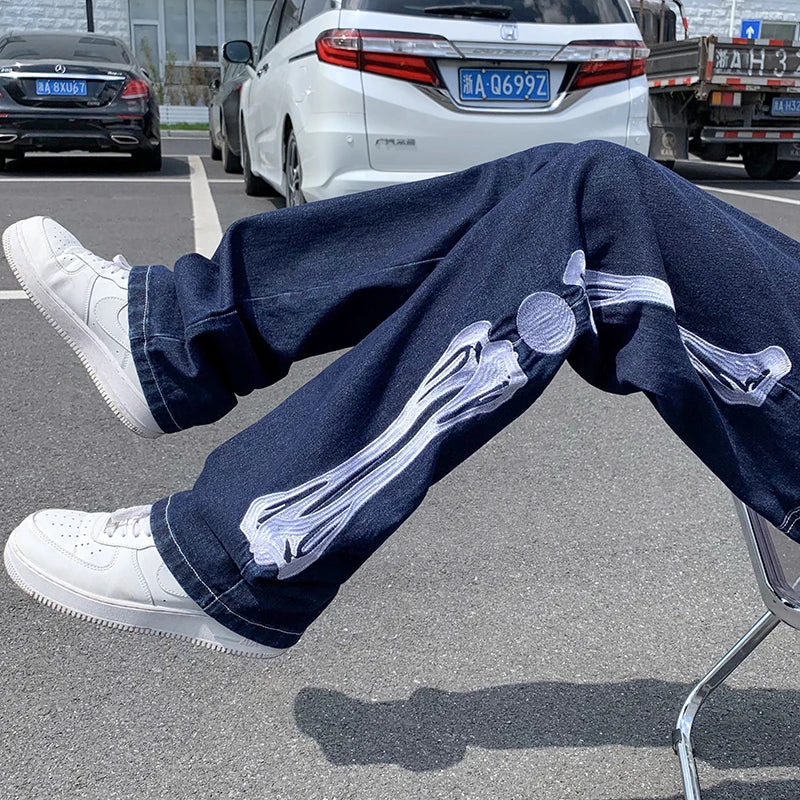 Embroidery Straight Jean Pants Couples Mopping Trousers Mens Streetwear