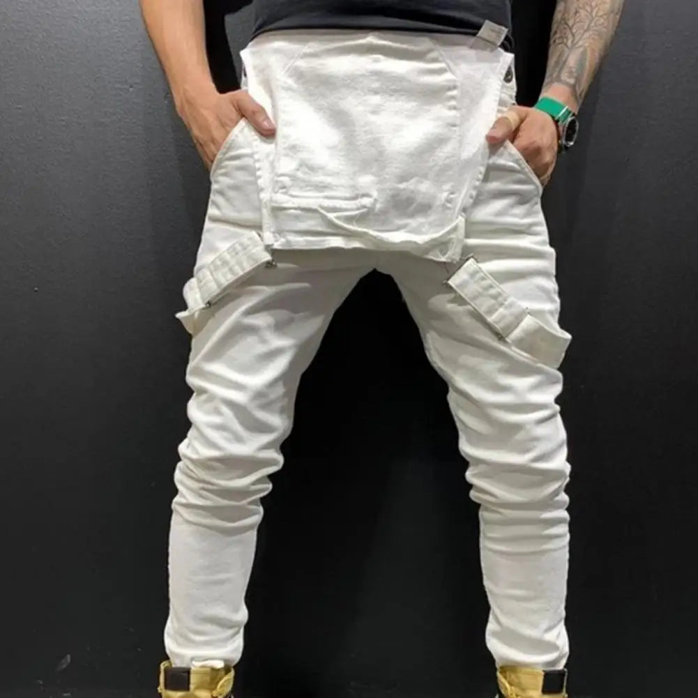 Men's Distressed Denim Carpenter Overalls Bib Jumpsuits Motos Biker Jean Long