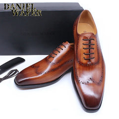 Men Oxford Brogue Genuine Leather Shoes Black Brown Classic Style Wing Tip Lace up