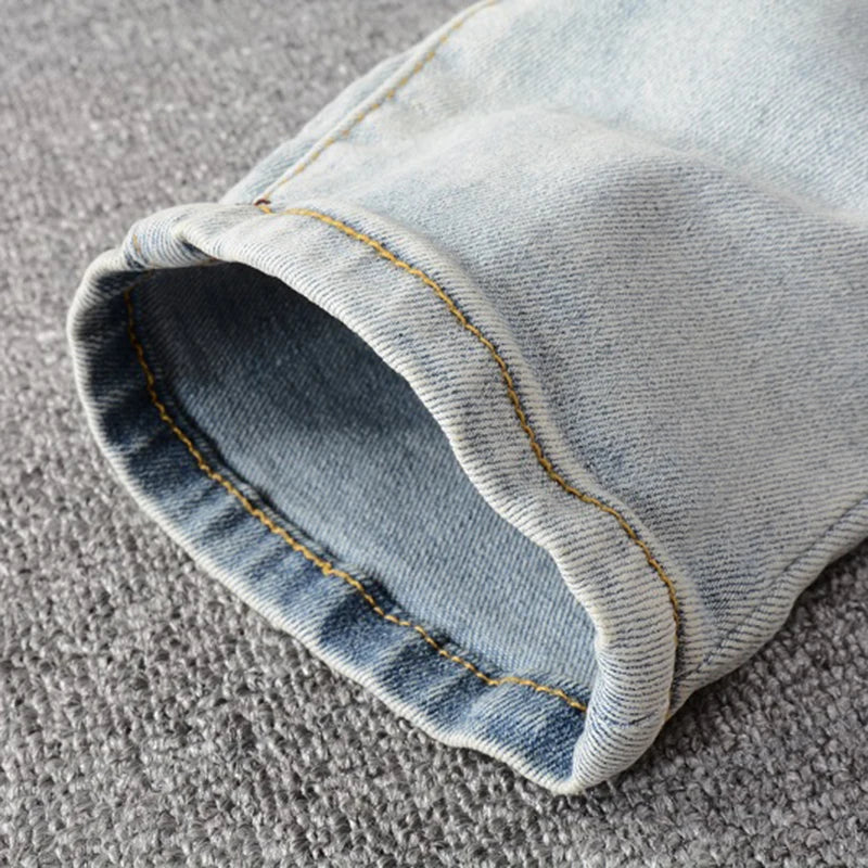 Men Crystal Holes Ripped Patchwork Jeans Streetwear Light Blue Denim Slim