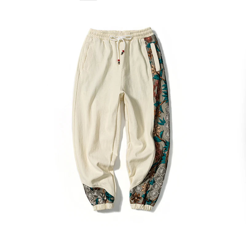 Spring Autumn Fashion Plus Size Casual Pants Men Clothing Embroidery Patchwork