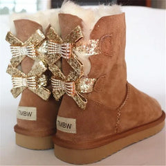 Women Shoes Fashion Two Bows Real Sheepskin Women's Winter Woman Snow Boots