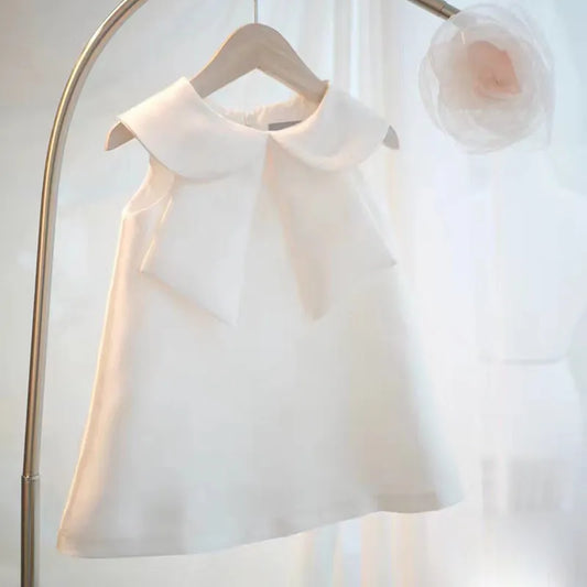 Flower Girl Dress Kids Birthday Baptism Dresses For Children Elegant White Bow Frocks