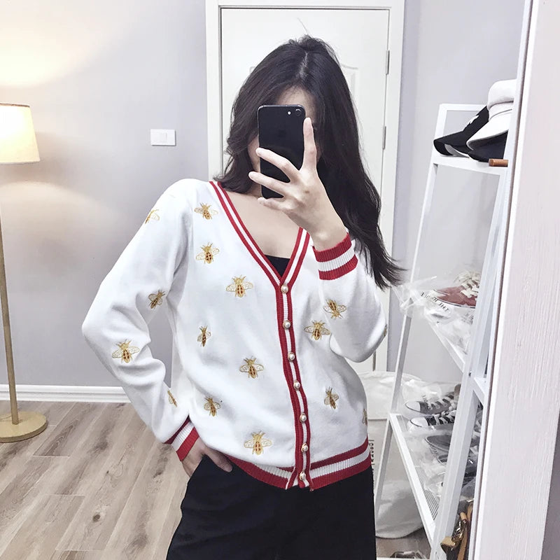 Fashion Designer Bee Embroidery Cardigan Long Sleeve Single Breasted