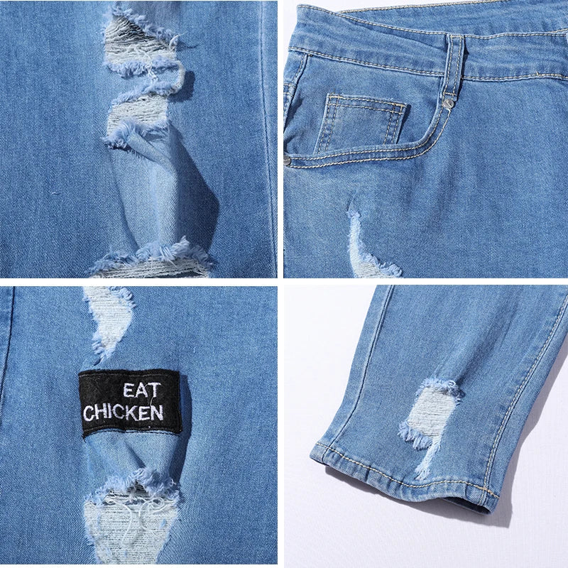 Men Stretchy Ripped Skinny Biker Embroidery Cartoon Print Jeans Destroyed Hole