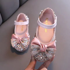 Children Leather Shoes Rhinestone Bow Princess Girls Party Dance Shoes Baby Student Flats Kids Performance Shoes D785