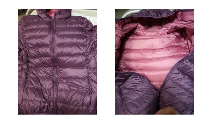 Women Ultra Light 90% Duck Down Jacket Hooded Jackets Long Sleeve Double