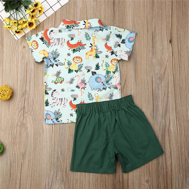 1-5years Kids Boys Clothing Set Fashion Zoo Monkey Tiger Animal Shirt For Boys Tops Green Shorts Set Boys Outfits