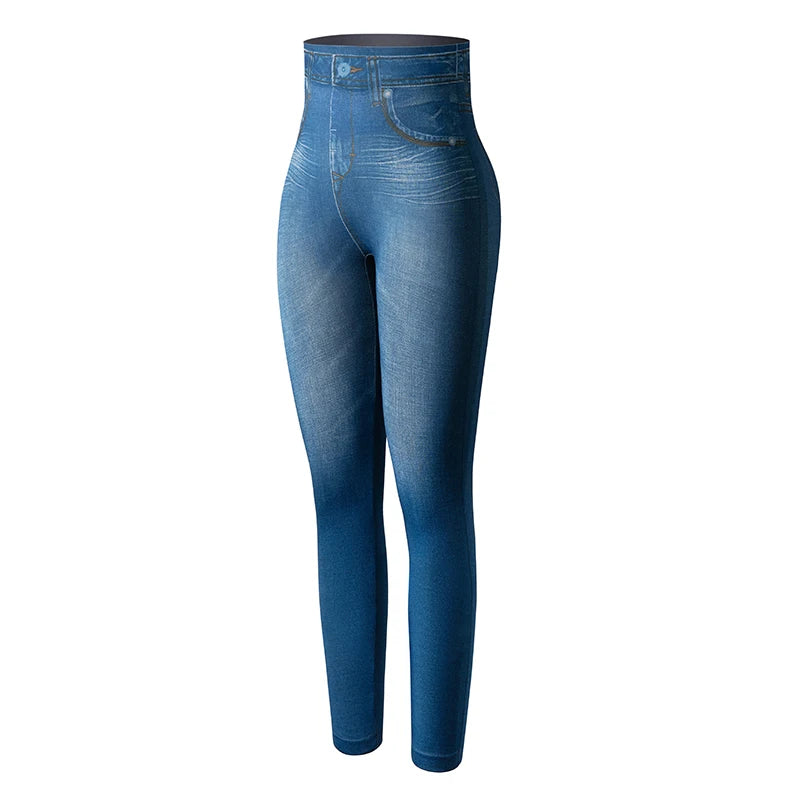 Push Up Seamless High Waist Faux Denim Leggings Women Casual Elastic Pocket Jeans
