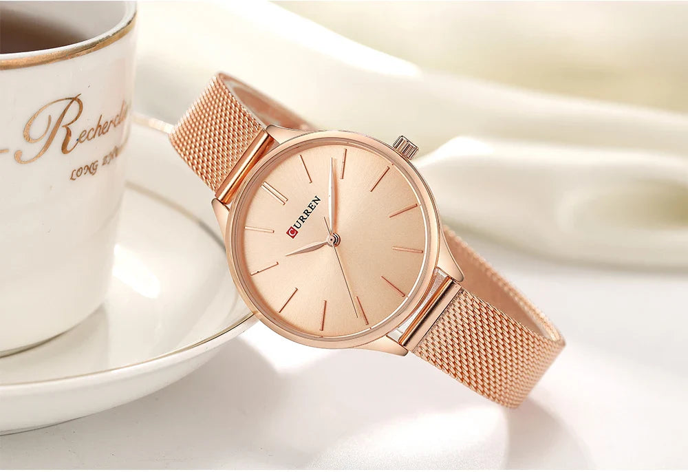 CURREN Original Women's Luxury Watch Matte Dial Japanese Quartz Movement Stainless Steel Mesh Strap with Box