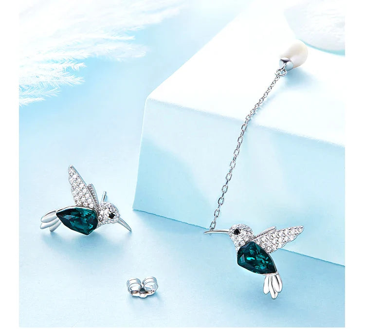 S925 Sterling Silver Hummingbird Freshwater Pearl Earrings Green Austrian Crystals Cute Animal Jewelry Gifts for Women Girls