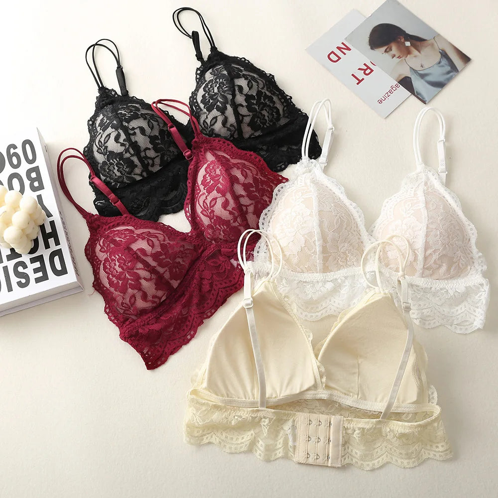 Women Lace Bra And Panties Sets 3/4 Cup Underwear Ultrathin Bralette Female