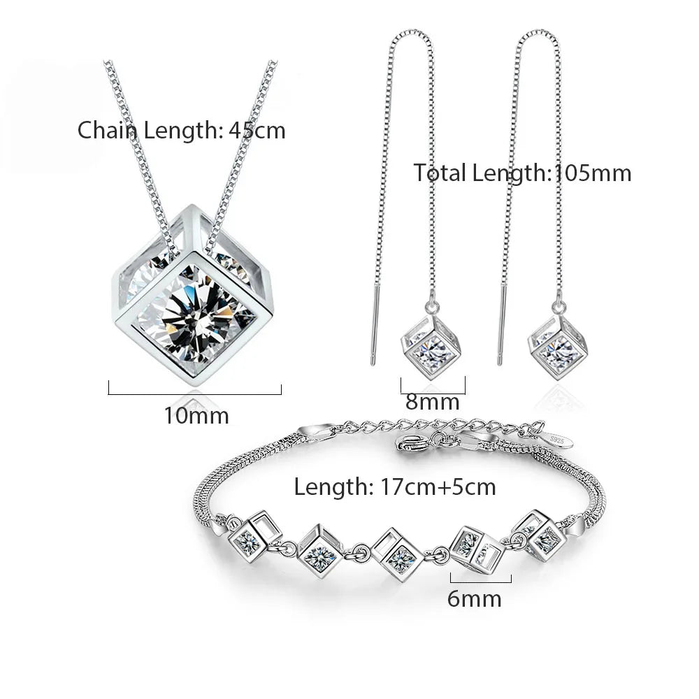 ANENJERY Silver Color Luxury Shiny Square Cube Necklace Earrings Bracelet For Women Gift Zircon Anniversary Gift