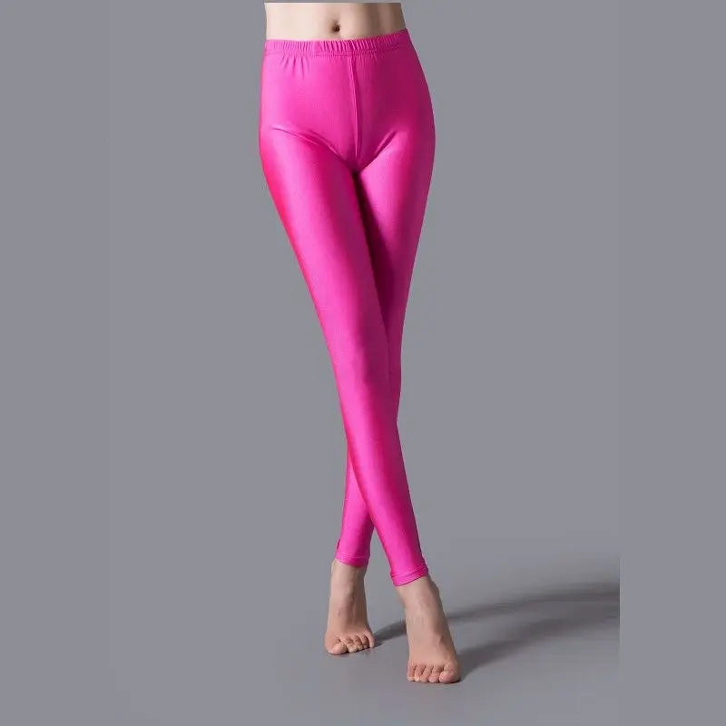 Women Shiny Pants Leggings Solid Color Fluorescent Spandex