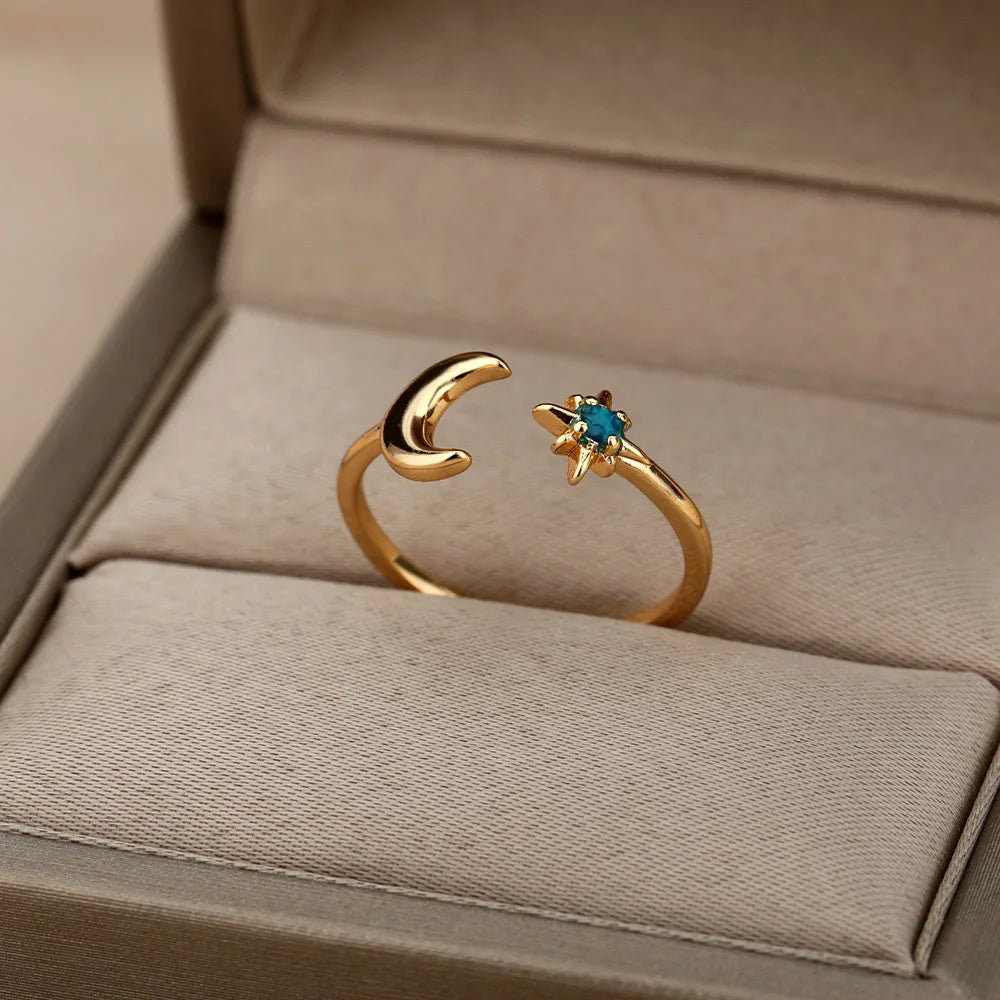 Zircon Moon Star Rings For Women Stainless Steel Glowing Moon Star Adjustable Finger